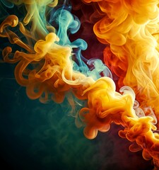Fototapete - a vibrant abstract composition of swirling smoke in various colors, including orange, blue, and green, against a dark background