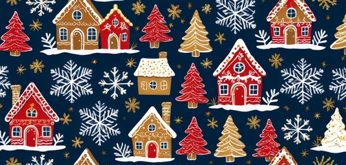 Poster - A seamless pattern of gingerbread houses and snowflakes on a navy blue background