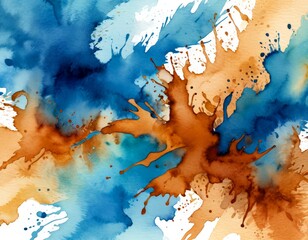 Fototapete - an abstract watercolor painting featuring a vibrant mix of blue, orange, and brown hues, with splashes and drips creating a dynamic and expressive composition