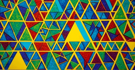 Aufkleber - a vibrant abstract painting composed of numerous triangles in various colors, including red, green, blue, and yellow, arranged in a grid-like pattern
