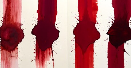 Fototapete - four vertical stripes of varying thicknesses of red paint, with splatters and drips of paint on the white background