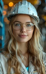 Sticker - A woman wearing a hard hat and glasses is smiling. She is wearing a white helmet and a yellow vest