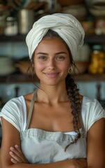 Wall Mural - A woman with a white scarf on her head and apron on her chest. She is smiling and looking at the camera