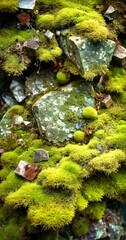 Aufkleber - A close-up view mossy rock formation, with patches of green moss covering the surface of the rocks and scattered leaves and twigs