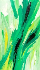 Poster - an abstract painting featuring bold brushstrokes in various shades of green, yellow, and black, creating a dynamic and energetic composition