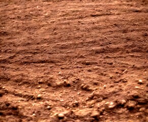 Aufkleber - A close-up view dark brown, textured soil surface, with small rocks and uneven patches visible