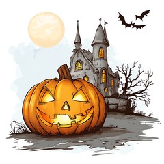 Wall Mural - Charming Halloween illustration featuring a glowing jack-o'-lantern near a spooky castle and bats against a full moon backdrop