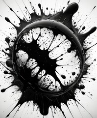 Wall Mural - a striking black and white composition featuring a large, abstract splash of black paint or ink, with splatters and drips extending outward in a radial pattern