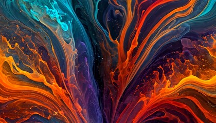 Fototapete - a vibrant abstract painting featuring swirling patterns of orange, blue, and purple hues, creating a dynamic and energetic visual effect.