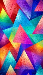 Poster - a vibrant abstract composition featuring a variety of overlapping triangular shapes in a range of colors, including red, blue, green, yellow, and purple