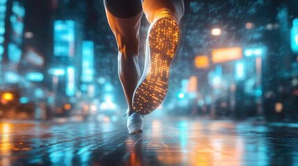 Wall Mural - Runner's feet with glowing shoe soles in a futuristic city at night.