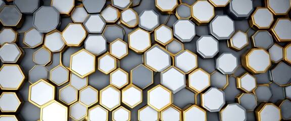 Poster - A 3D of a repeating pattern of white hexagonal shapes with gold outlines, arranged in a grid-like formation against a gray background.