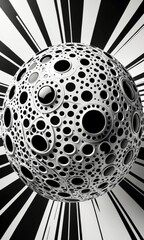 Leinwandbilder - A striking black and white spherical object composed of numerous small circular holes, creating a sense of depth and dimensionality