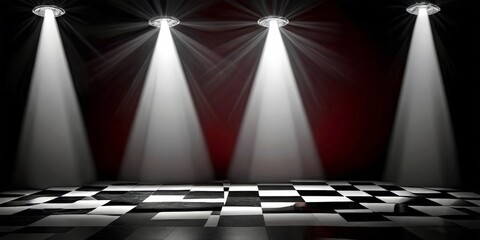 Leinwandbilder - Four spotlights shine down on a checkered floor, casting dramatic shadows and highlighting the geometric patterns of the floor