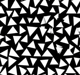 Poster - a black and white pattern composed of numerous white triangles scattered across the frame The triangles vary in size and are randomly distributed, creating a sense of