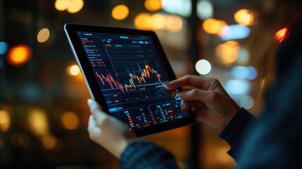 Poster - A person analyzing financial data on a tablet in a dimly lit environment.
