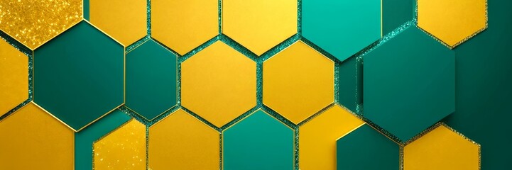 Poster - a geometric pattern composed of hexagonal shapes in varying shades of green and gold, arranged in a grid-like fashion