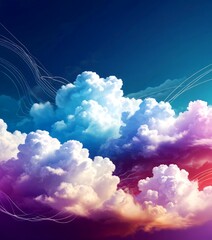 Fototapete - a vibrant and dynamic sky filled with fluffy white clouds, transitioning from blue to pink and purple hues, with a subtle gradient effect