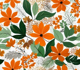 Poster - a repeating pattern of orange flowers with green leaves, set against a white background with subtle brown and green accents