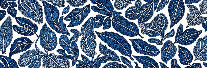 Aufkleber - a repeating pattern of stylized blue leaves with intricate white designs, creating a visually striking and harmonious composition