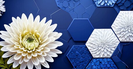 Poster - A close-up view white chrysanthemum flower with a yellow center, set against a blue background with white hexagonal tiles