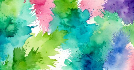 Poster - a vibrant abstract watercolor painting featuring a variety of green, blue, and pink hues, with splashes of color and texture creating a dynamic and lively composition
