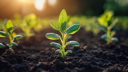 Canvas Print - Close-up of Green Seedlings Emerging from the Soil