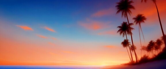 Aufkleber - A serene tropical beach scene at sunset, with palm trees silhouetted against a vibrant sky