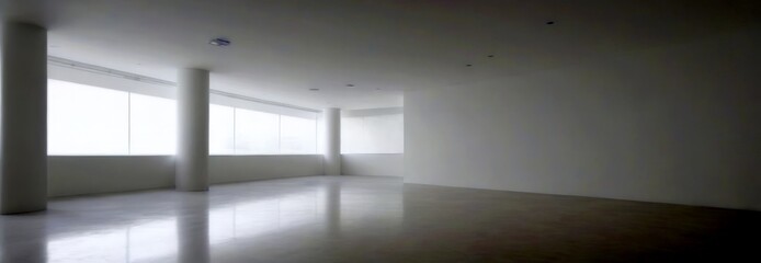 Poster - a spacious, minimalist room with white walls, a large window, and a polished, reflective floor