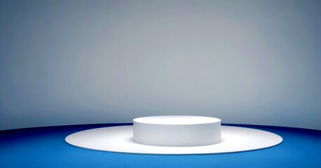 Poster - A white pedestal stands alone on a blue circular platform, with a plain white wall in the background