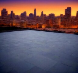 Poster - A panoramic view city skyline at sunset, with the buildings' silhouettes visible against a warm, orange sky