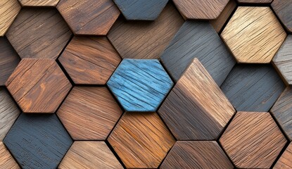 Poster - This seamless wooden background has a hexagonal pattern made of multicolored wooden panels.