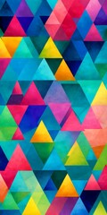 Poster - a vibrant and abstract pattern composed of numerous triangles in various colors, including pink, yellow, blue, green, and purple, arranged in a visually striking and