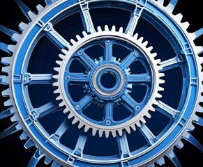 Poster - A close-up view complex mechanical gear system, featuring a blue and silver gear with a black center, set against a black background