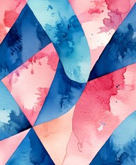 Poster - a vibrant abstract watercolor painting featuring a geometric pattern of intersecting lines and splashes of pink, blue, and white