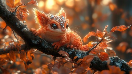 Canvas Print - Cute Fantasy Creature in Autumn Forest: Digital Art