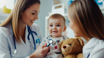 Smiling little boy at pediatrician holding teddy bear. Toddler with mom and teddy bear during a routine health checkup at doctor in a modern pediatric clinic. Child healthcare, baby wellness concept