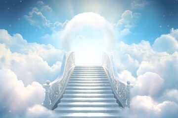 Wall Mural - staircase leading into the sky surrounded by white clouds and rays of light, with cloud archways cre