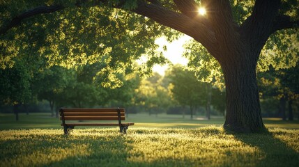 Poster - A park bench is under a large tree with sunlight shining through the leaves