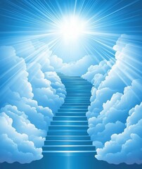 Wall Mural - staircase leading into the sky surrounded by white clouds and rays of light, with cloud archways cre