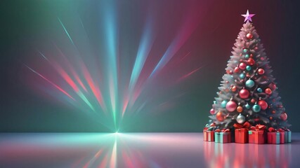 Christmas background decoration with Christmas tree, gifts, snow, balls and lights