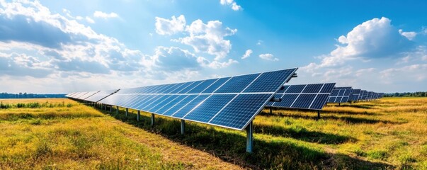 Solar Panels in Open Field Under Bright Blue Sky