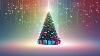 Christmas background decoration with Christmas tree, gifts, snow, balls and lights