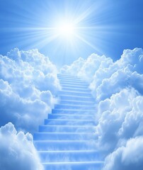 Wall Mural - ethereal staircase ascending into a blue sky surrounded by white clouds, bathed in bright sunshine, 