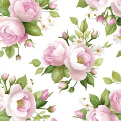 Wall Mural - This watercolor floral seamless pattern features a green background with pink peach flowers, peony petals, and green leaves. It is perfect for wedding invitations, wallpapers, fashion, prints, and