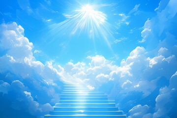 Wall Mural - ethereal staircase ascending into a blue sky surrounded by white clouds, bathed in bright sunshine, 