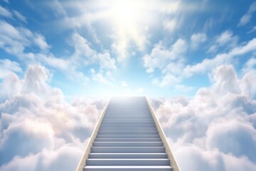 Wall Mural - ethereal staircase ascending into a blue sky surrounded by white clouds, bathed in bright sunshine, 