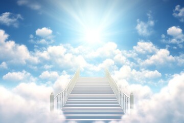 Wall Mural - stairway to heaven with radiant sun rays, blue sky, and white clouds