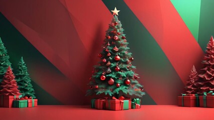 Christmas background decoration with Christmas tree, gifts, snow, balls and lights