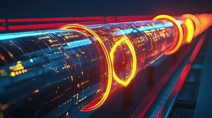 3D illustration. Transparent natural gas pipeline, glowing in orange light.